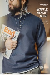 Maden Mens Amekaji Pure Color Long Sleeve Shirt Vintage Waffle Henley Tee-Shirts