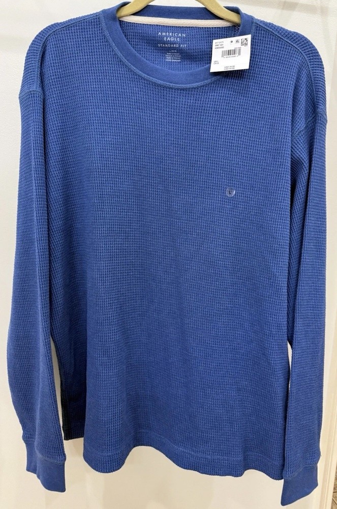 American Eagle Standard Fit Blue Waffle Knit Long Sleeve Crew Neck T-Shirt L