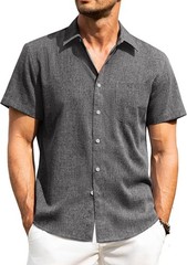 Men’s Linen Shirt Short Sleeve Button Down Wrinkle Free Casual Summer Beach Top