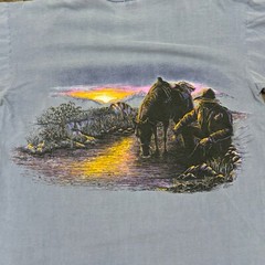 VTG 1993 Buffalo Western Cowboy Horse Sunset Shirt Adult OSFA Blue Double Sided