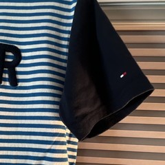 Vintage Tommy Hilfiger XL Blue/White Striped Logo Crew Neck Cotton T-Shirt