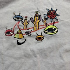 Nike T-Shirt Mens Small Blue Alien Eyes Graphic Swoosh Trippy Cactus Pyramid