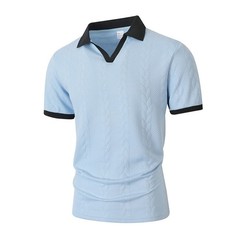 Men’s Cable Knit Contrast Collar Polo Shirt Business Casual V Neck Summer Top