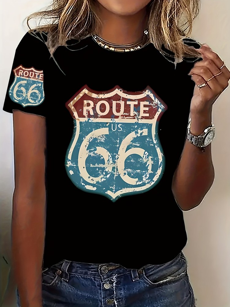 Vintage Classic Casual Women’s Short-Sleeve T-Shirt – Route 66 Badge Design, U