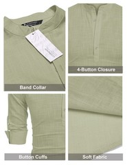 Men’s Cotton Hemp Long Sleeve Casual Beach Henley Shirt(LIGHT GREEN,S)
