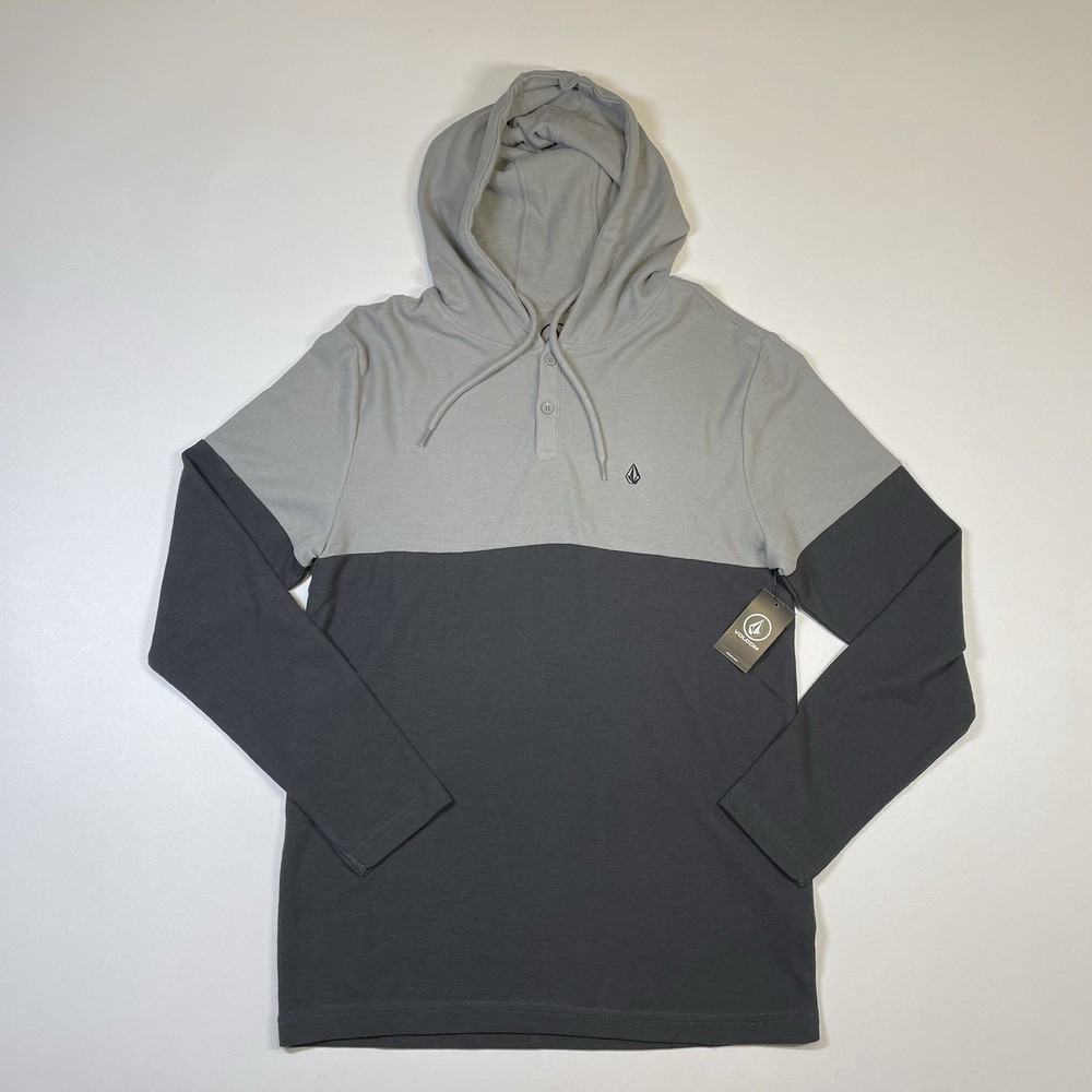 Volcom Shirt Men’s Small Gray L/S Nunez Colorblocked Thermal Hooded Tee NEW