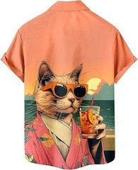 Cool Cat Hawaiian Shirt Men Orange Sunglasses Kitten Beach Button Up Summer Tee