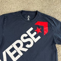 Converse Shirt Mens Small Navy Blue White Wrap Around Print Short Sleeve Casual