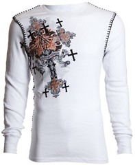 Archaic Affliction Men’s Thermal shirt GODFREY Biker Tattoo Cross White