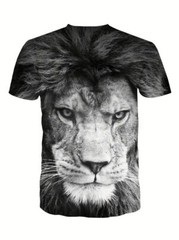 Camiseta Hombre Negro Blanco León Cara Estampado gráfico Moda Manga corta sedoso