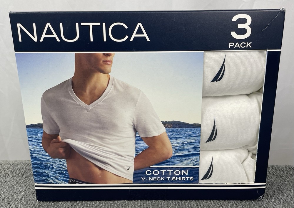 NAUTICA Men’s MEDIUM Pack of 3 White Tagless V-Neck T-Shirts New in Box