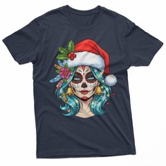 Christmas Sugar Skull Art Woman Santa Hat Festive Design T-Shirt