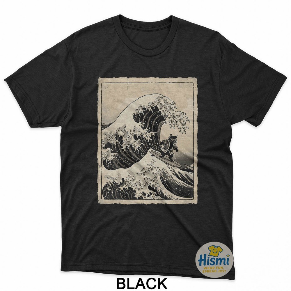 Funny Cat Surfing Japanese Art Kitten Anime Graphic Vintage T-Shirt