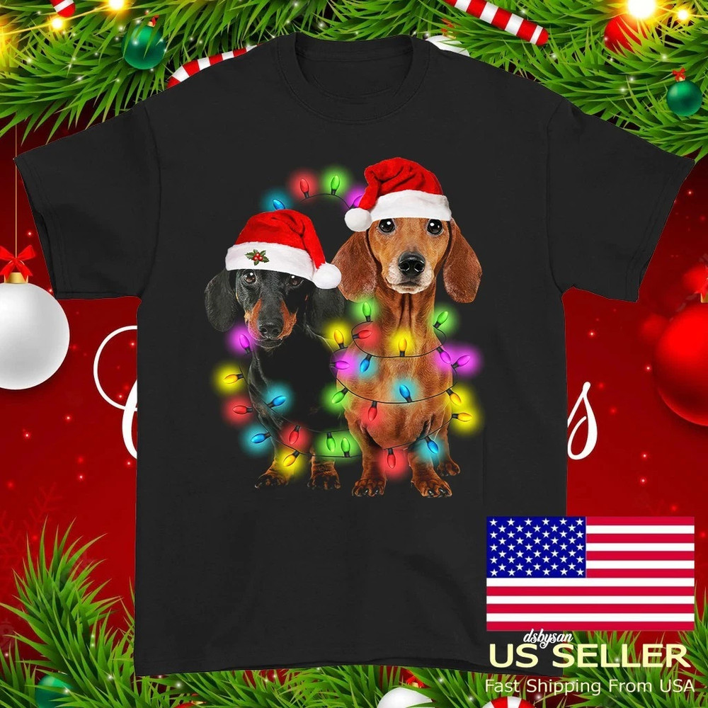 Dachshund Christmas Light Lovely Dog T-shirt Black Unisex S to 5XL