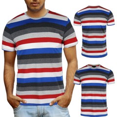 Men’s Classic Striped Short Sleeve Crew Neck Pocket Tee T-shirt Grey Red