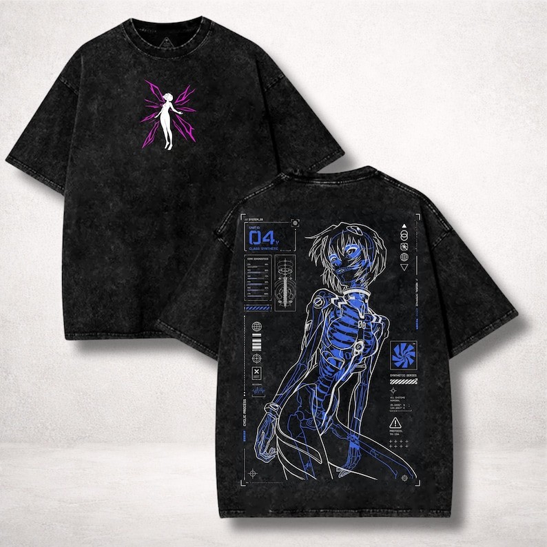 Evangelion Rei Ayanami Shirt, Unit 04 Synthetic Series Washed Anime Tee, Cyber M