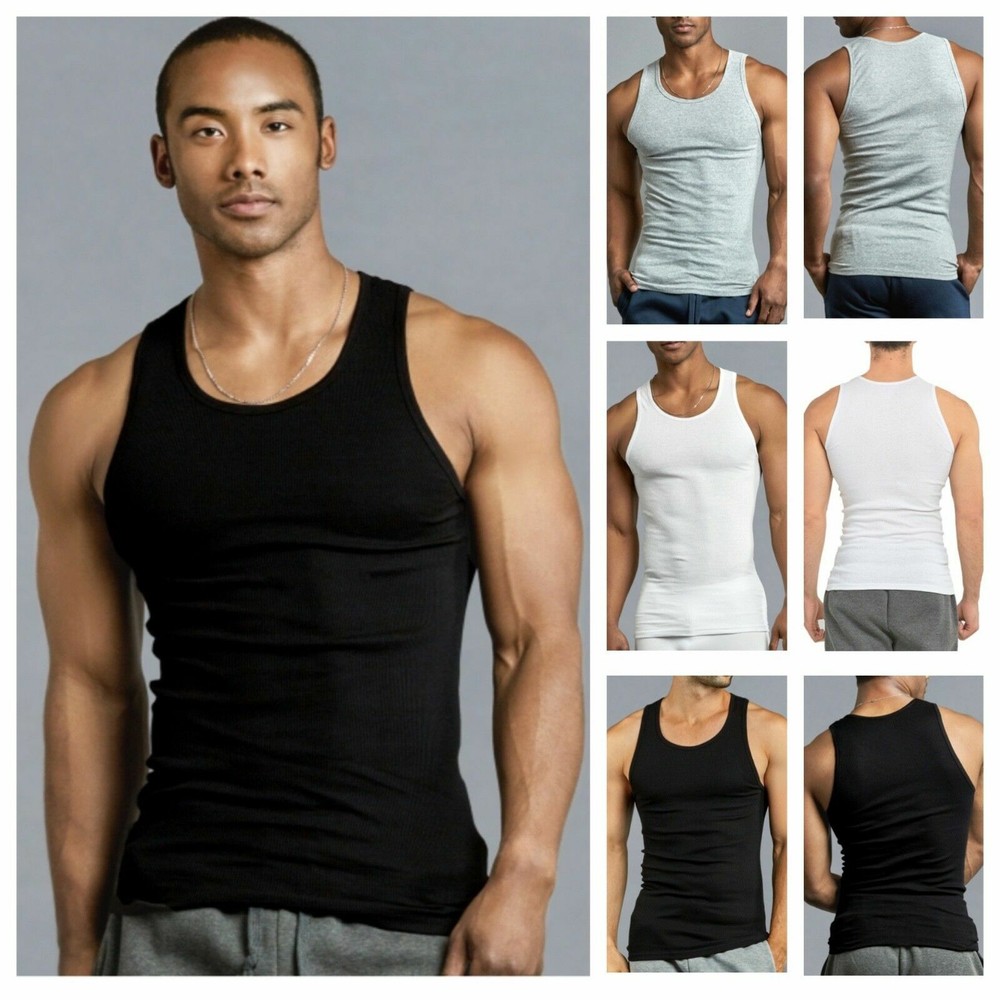 Lot of 3 Mens Tank Top 100% Cotton A-Shirt Undershirt Wife Beater Ribbed S~3XL