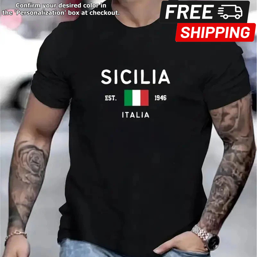 SICILIA Italian Style Short-sleeved T-shirt : White Characters on Black Backgr