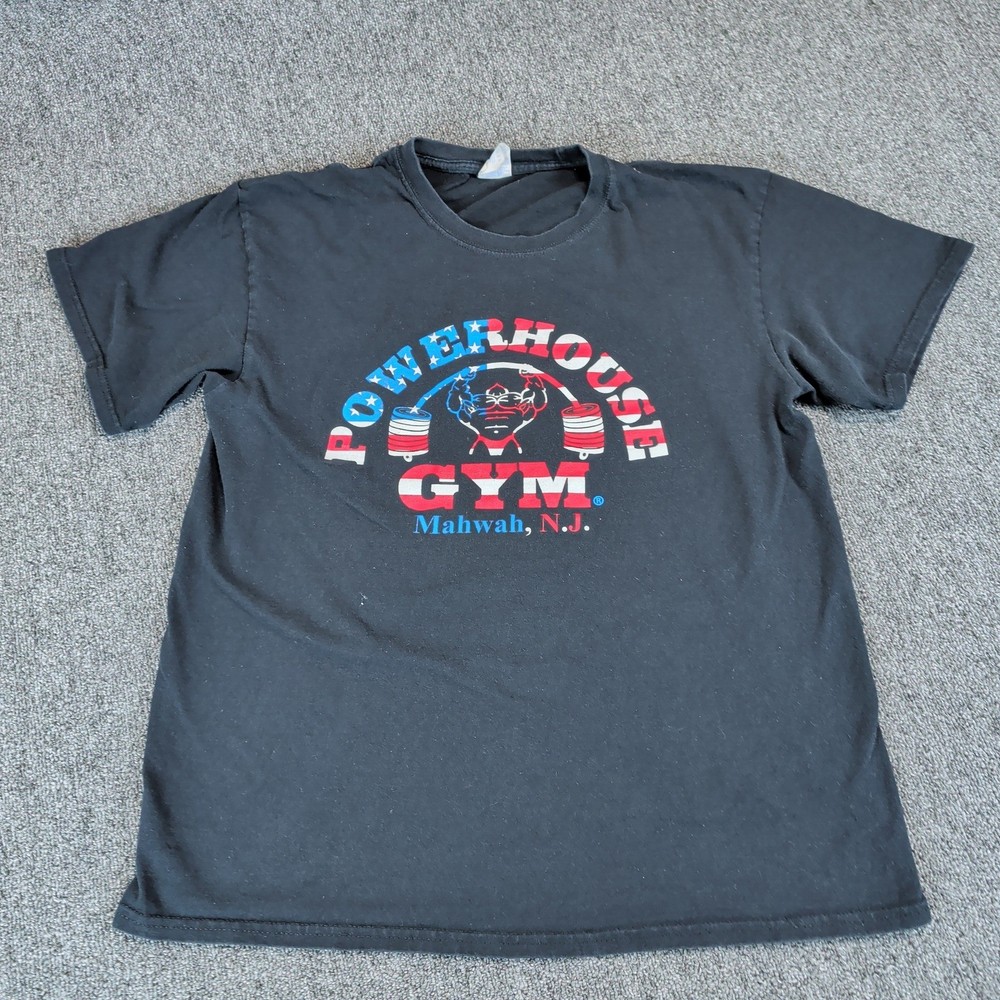 T Shirt Powerhouse Gym Large Black Mens Cotton Y2K Faded Gym Tee USA Mahwah