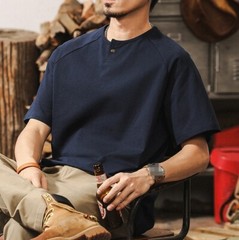 American retro T-shirt men short-sleeved summer Henry collar Navy blue