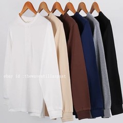 Mens Long Sleeve Shirts Soild Color Heavy Cotton Retro Casual T-Shirts