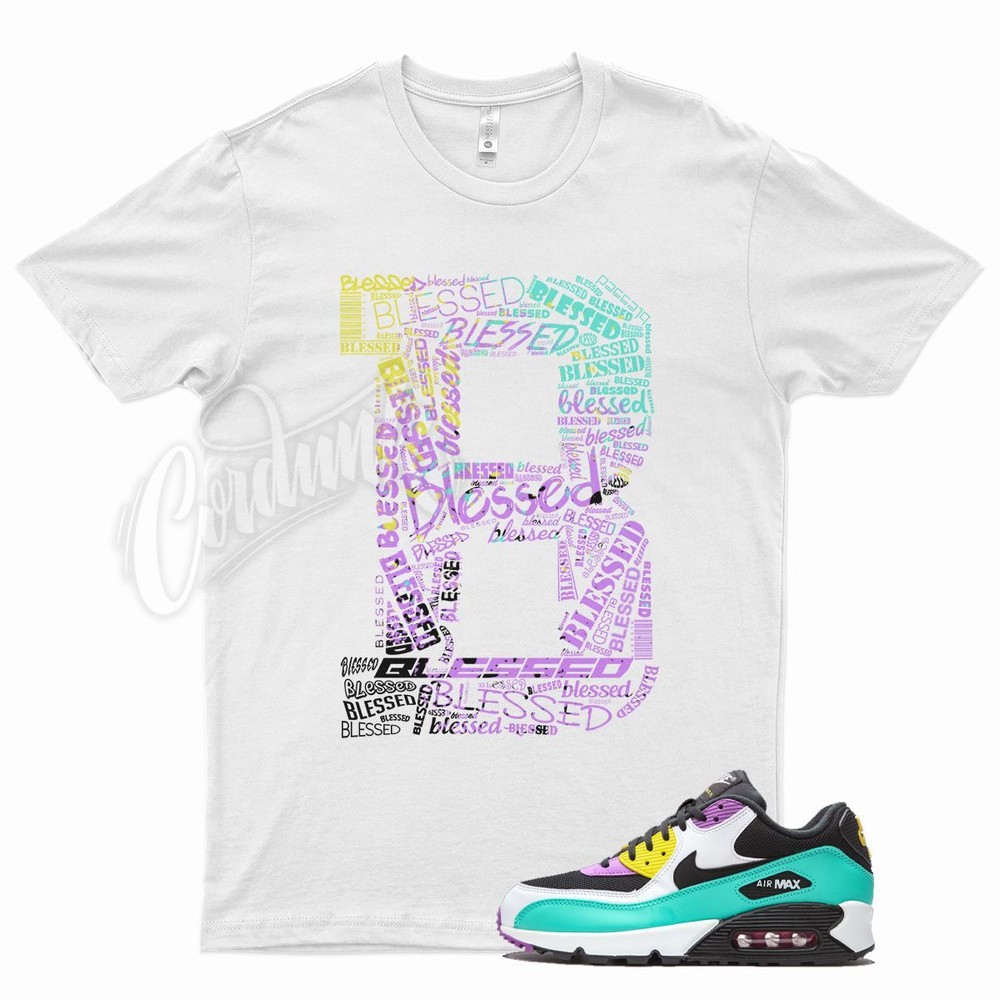 White BLESSED T Shirt for N Air Max 90 Bright Violet Teal Black Yellow