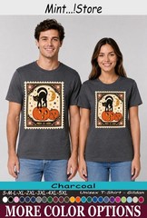 Cat Black Pumpkin Shirt, Vintage Halloween Postage Stamp Tee