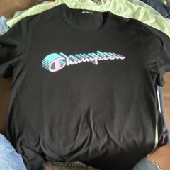 Champion Black Logo Graphic Print Crew Neck Short Sleeve Knit T-Shirt Men’s M