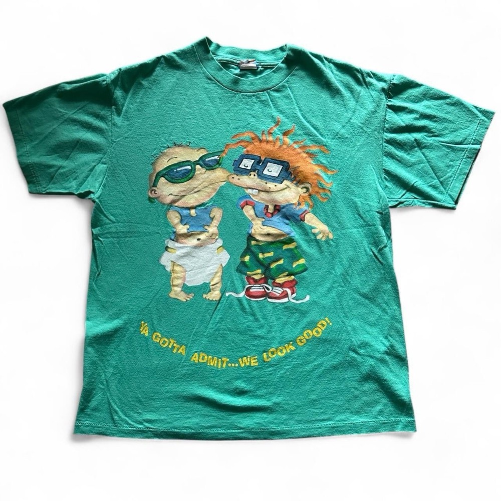 Vtg Rugrats T Shirt Size L Nickelodeon Tommy Chucky Graphic Green 90s Promo Tee