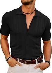 Mens Vintage Striped Knitted Polo Shirt Short Sleeve Button Down Golf Casual Top