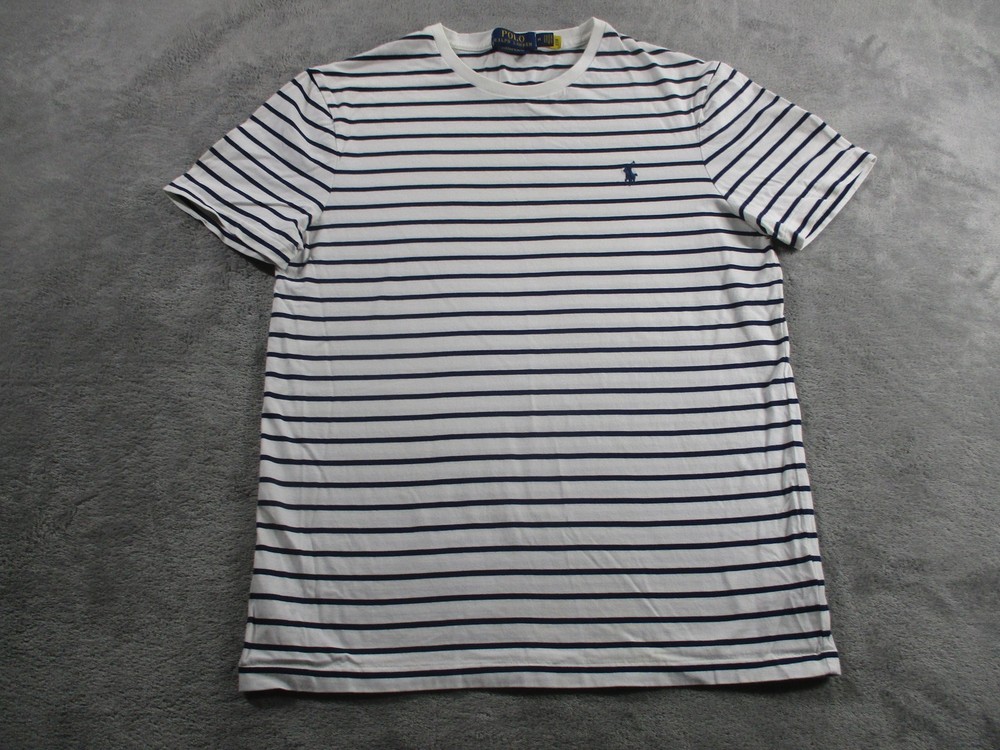 Polo Ralph Lauren Shirt Mens Medium White Navy Striped Custom Slim Fit Logo Tee