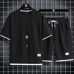 Summer Men’s Waffle Sets Casual T-Shirt And Shorts Set Male Sports Suit