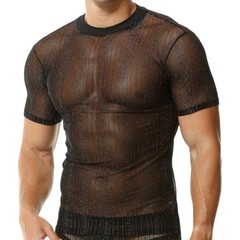 Men’s Glitter Sheer Mesh T-shirts Short Sleeve Ultra-thin Daily Undershirts Tops