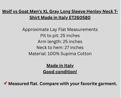 Wolf vs Goat Men’s XL Gray Long Sleeve Henley Neck T-Shirt Made in Italy