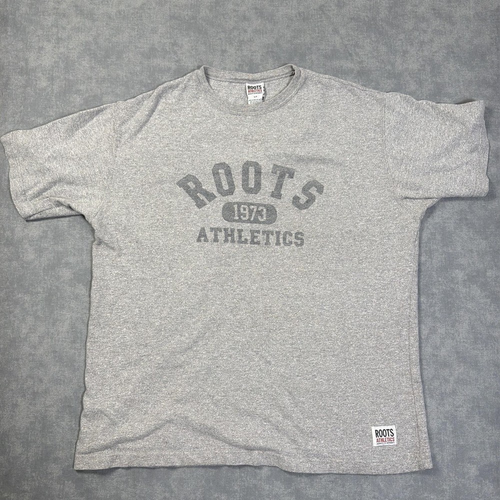 Roots Athletics Shirt Mens Small Gray 1973 Logo Graphic Tee Crew Neck Canada