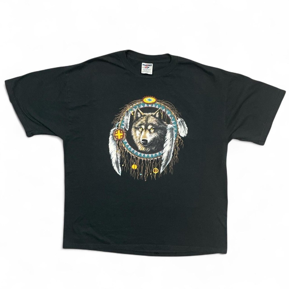 Vintage Nature Shirt Mens XL 90s Y2K Wolf Wolves Art Black Motorcycle Biker Hawk