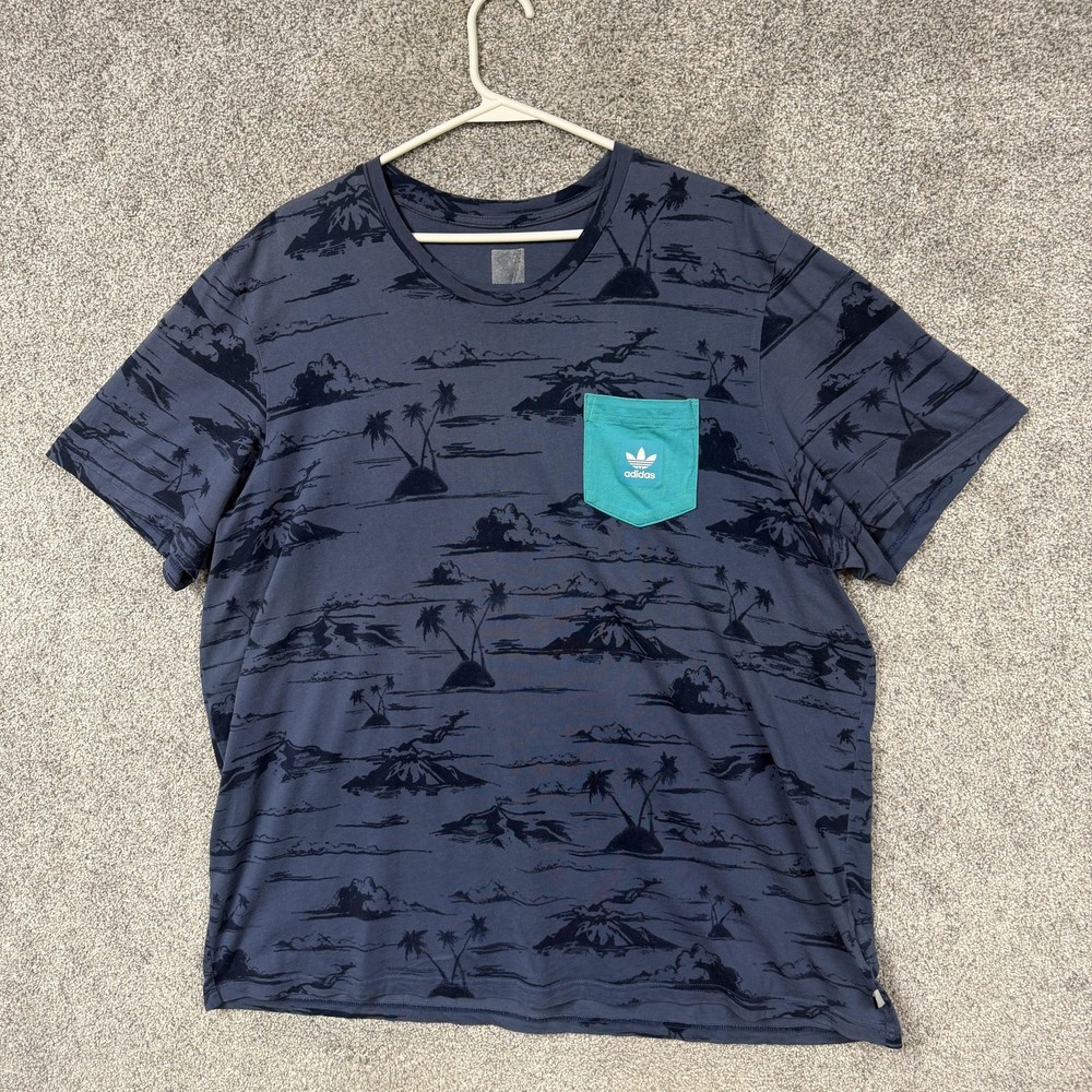 Adidas Shirt Mens 2XL Pocket Tee Island Tropical Island Athleisure Palm Trees