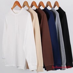 Mens Vintage Long Sleeve T-Shirt Cotton Crew Neck Button Casual Pure Color Shirt