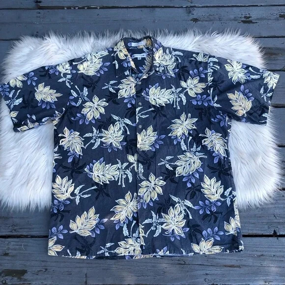 Pierre Cardin 100% Cotton Tropical Floral Plants Button Down Navy Mens Shirt L