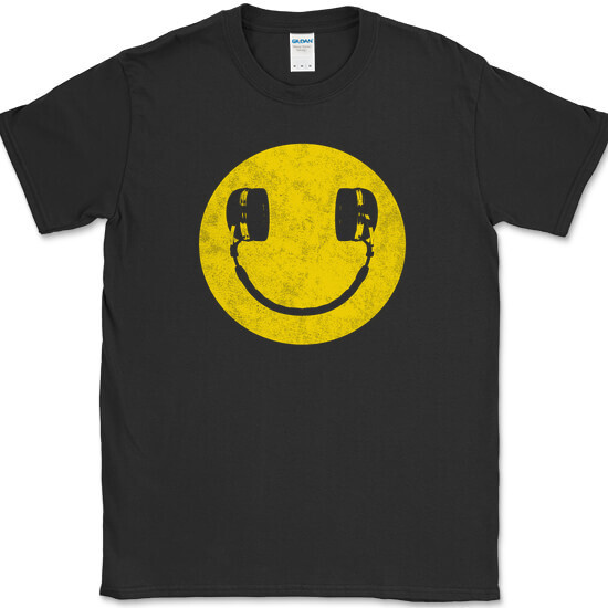 Smiley Face Headphones T-Shirt Funny DJ Scratching Humor Music Tee