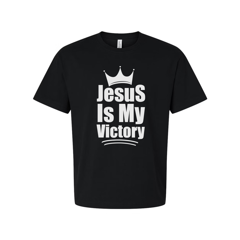 Unisex Christian T Shirt Featuring The Phrase Jesus Is My Victory With Crown Emb