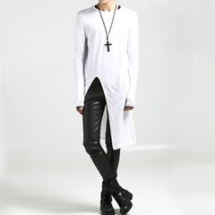 Men Asymmetric Longline T-shirt Tee Split Casual Top Shirt Long Sleeve Slim Sexy