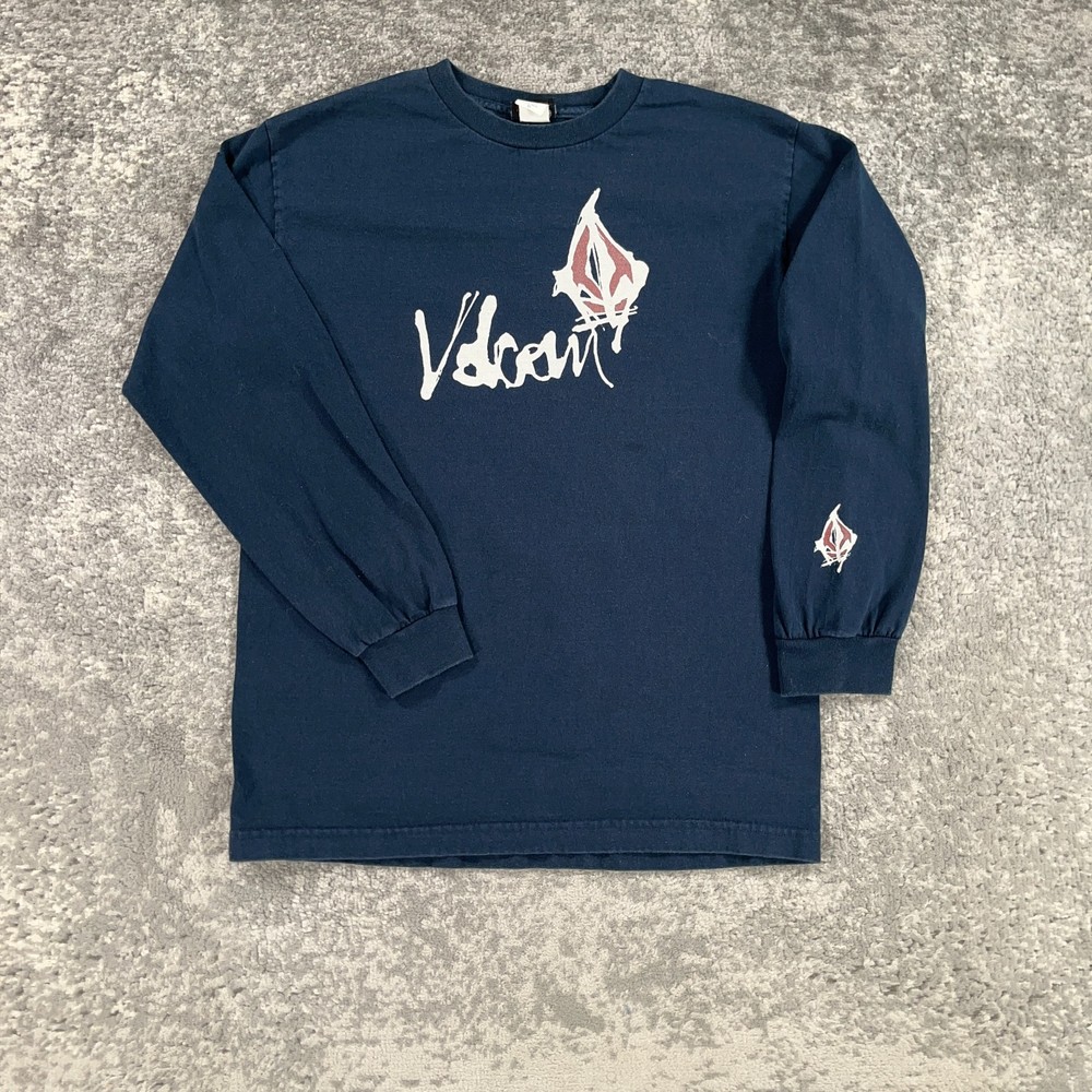 Vintage Volcom Shirt Mens Medium M Blue Long Sleeve Graphic Skater Logo 90s Y2K