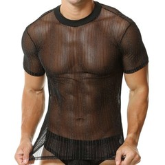 Men’s Glitter Sheer Mesh T-shirts Short Sleeve Ultra-thin Daily Undershirts Tops