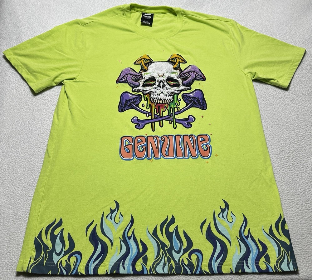 Genuine Mens Mushroom Skull Shirt Flames Bones Streetwear Trend Skeleton Shrooms