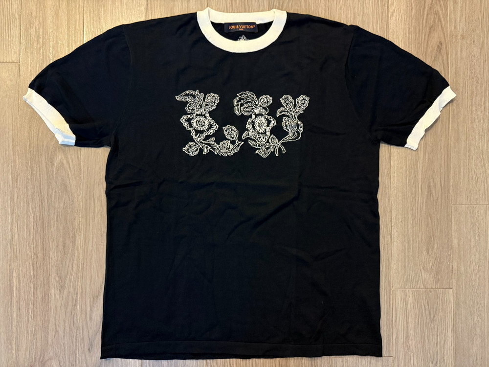 Louis Vuitton Graphic Intarsia Short Sleeved Cotton Crewneck tee shirt navy blue