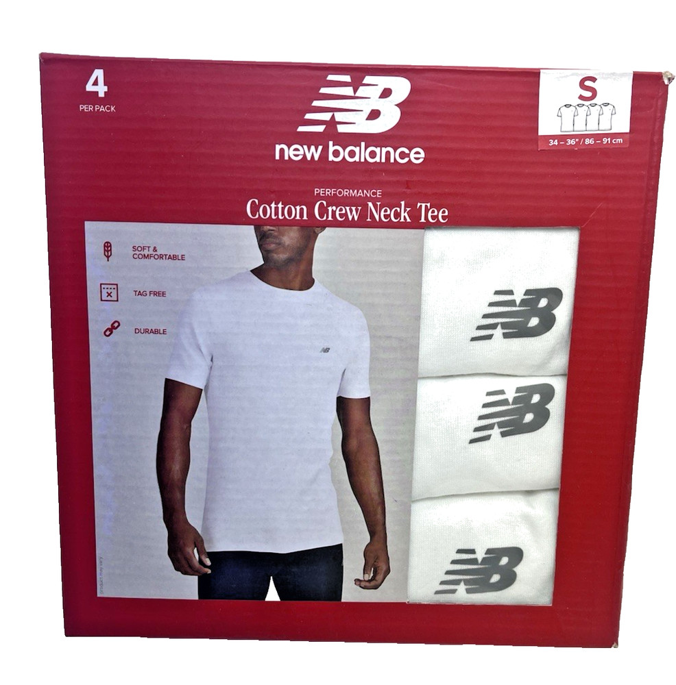 NIB NEW BALANCE Men’s Small (34-36″) White Cotton Crew Neck Tee w/NB Logo 4-Pack