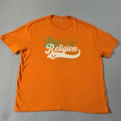 True Religion Mens Orange Graphic T Shirt Buddha Guitar Size 2XL Relaxed Fit