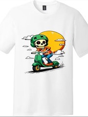 Cartoon Skull Riding Scooter Unisex Streetwear Cotton Graphic Tee