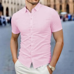 Men Shirt Short Sleeve Solid Color Business Casual Summer Wrinkle Free Top Soft